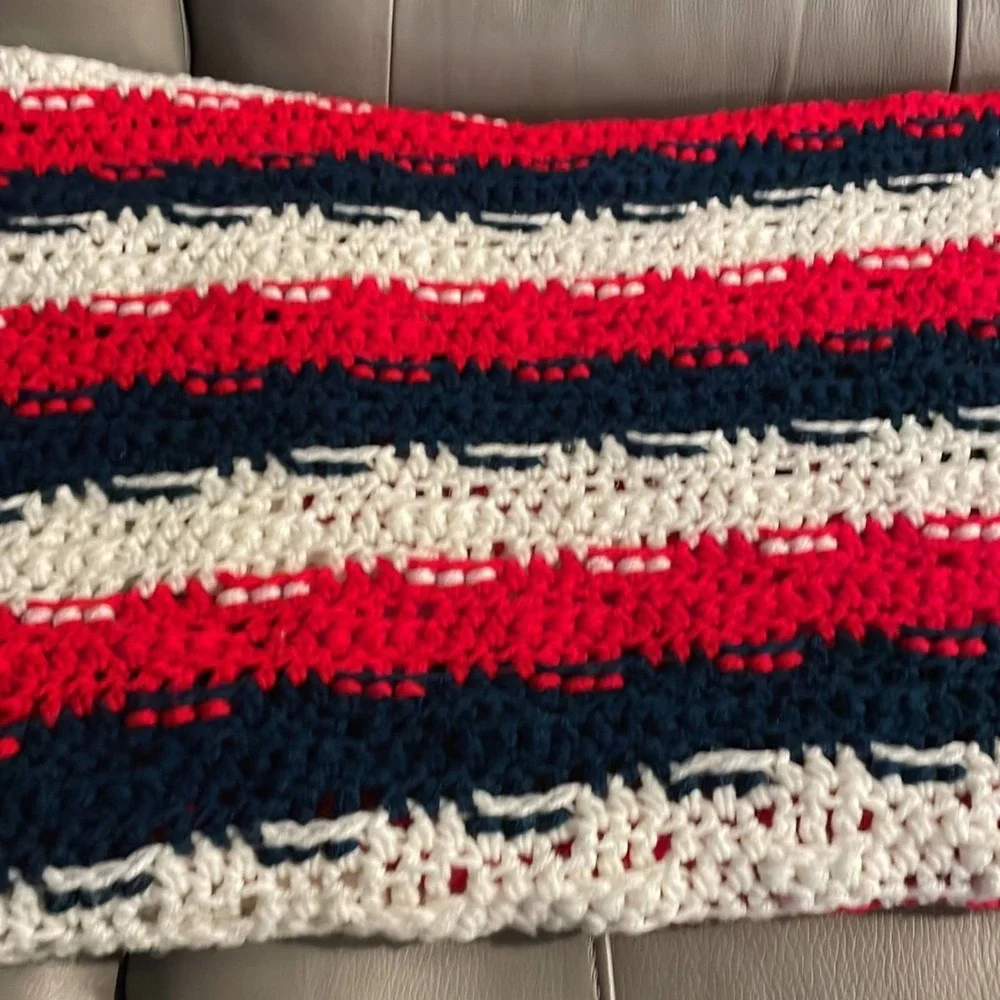 Large oversized grandma hand knitted Roseanne style, afghan-patriotic colors
